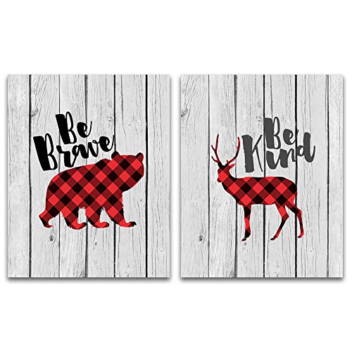 Lumberjack Buffalo Plaid Nursery Wall Art for Boy with bear and deer - Unframed