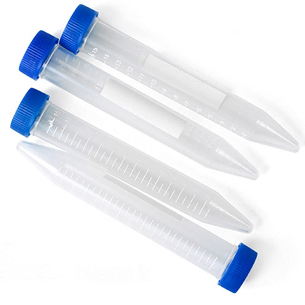100 tubi da centrifuga in plastica, 15 ml, tappo a vite blu, fondo conico, segni graduati