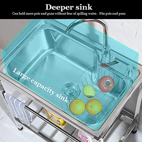 Qqxx Utility Sink Free Standing,Single Bowl Kitchen Sink With Cold And Hot Water Faucets,Commercial Stainless Steel Sink With Storage Shelve For Laundry Room Bathroom Farmhouse #TOP2