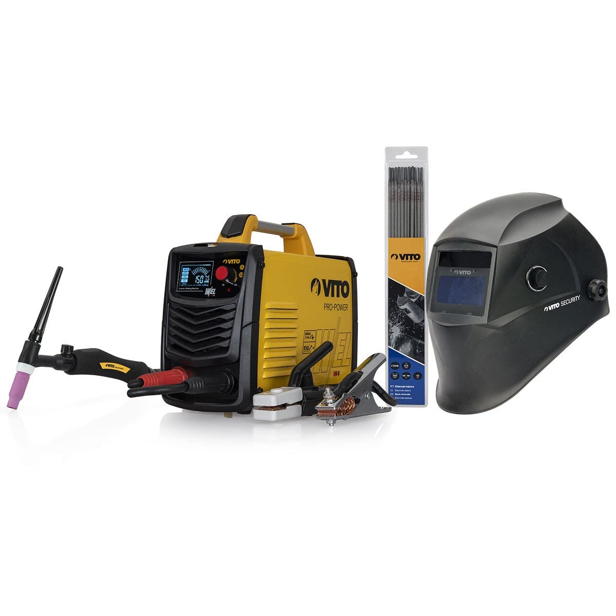 VITO - Poste a souder inverter Combiné ARC TIG 150A Torche TIG +12 baguettes Ø 2.5 mm + Cagoule Automatique + Mallette luxe
