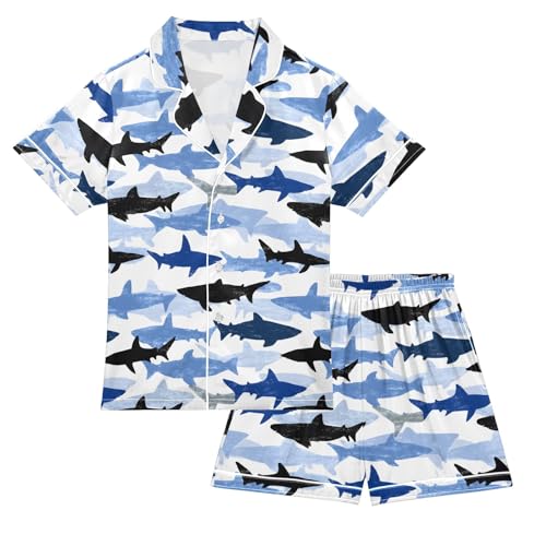 Blue Black Cartoon Shark Pattern Summer Satin Pajama Set, Cute Button-Down Sleepwear Pj Set for Sleep Wears