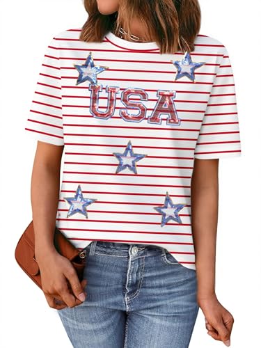 Image of Ithalt Women 4th of July Shirt Fourth of July Shirts USA Sequin Tshirt American Patriotic T-Shirt Stripes Tee Tops