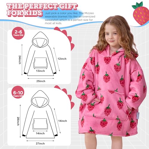 MIZZEO Kids Wearable Blanket Hoodie, Oversized Sherpa Wearable Blanket with Hood Pocket and Sleeves for Toddlers, Cute Hoodies 2-6 Year Old Girls Youth Birthday Gifts (Strawberry)