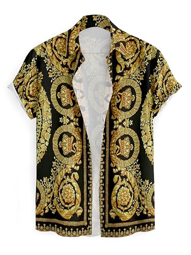 Image of Luxury Baroque Print Short Sleeve Shirt, Black and Gold Crown Pattern, Open Front Style