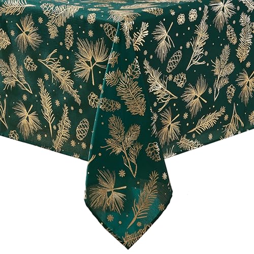 Threadmade Pine Foil Fabric Holiday Tablecloth, Green - 60" W x 84" L