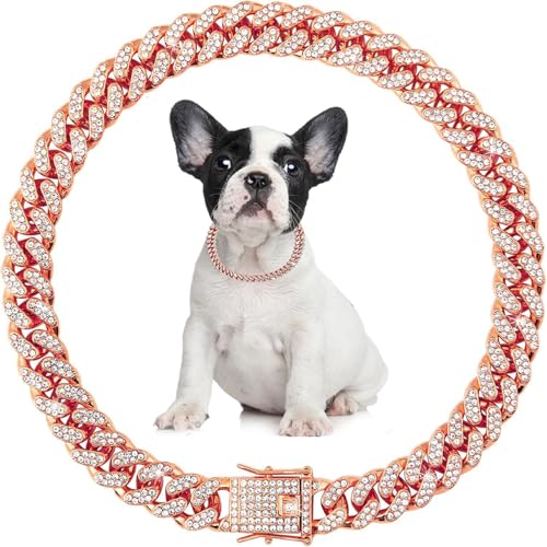Collana per cani in oro rosa, collare a catena per cani, collare cubano per cani, collana con diamanti in metallo, larghezza 13 mm, gioielli per animali domestici per cuccioli di taglia piccola, media