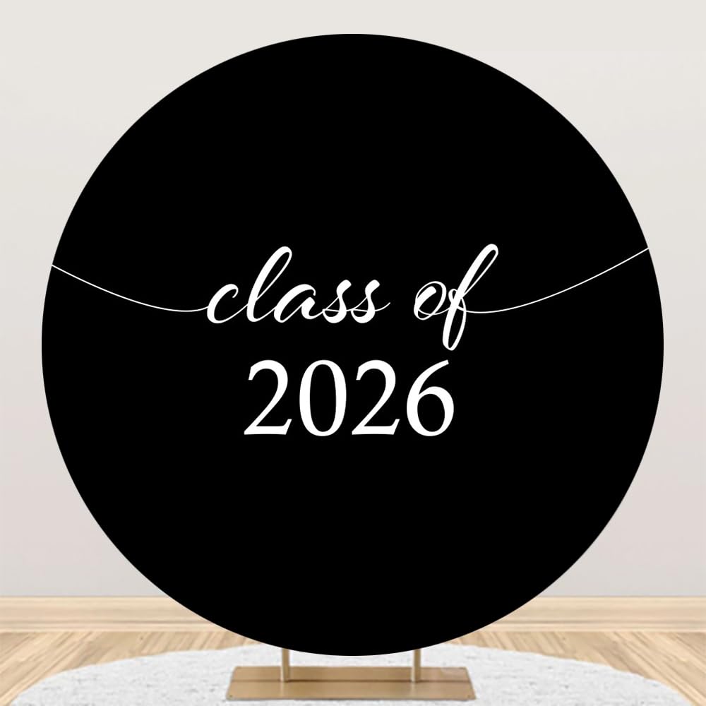 DORCEV Diameter 7.5ft Graduation Party Round Backdrop Cover Black Plain Color Class of 2025 Congratulations Grad Photography Background for Students