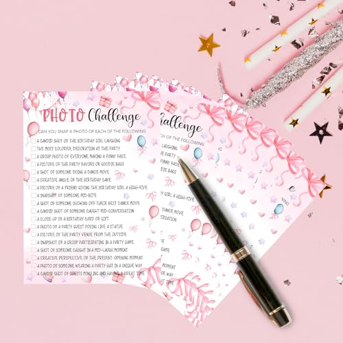 Image of Pink Slumber Party Games Card - Coquette Pink Bow Themed Sleepover Slumber Party Supplies -Sleepover Stuff - Birthday Night Games Creative Idea -Photo Challenge- 20 Game Cards