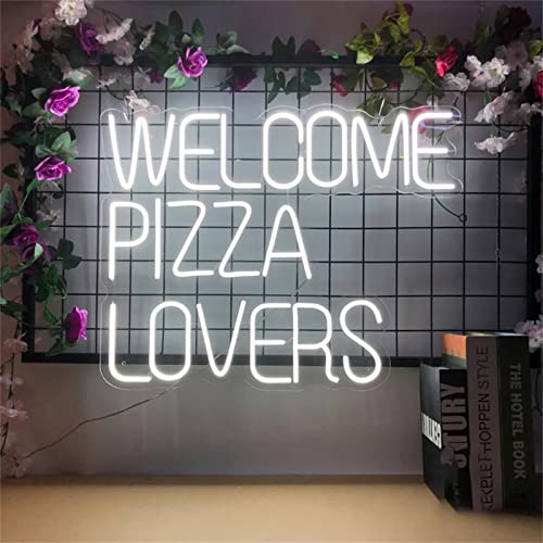 Enseigne au néon personnalisée Welcome Pizza Lovers, décoration de restaurant Tenture murale enseigne lumineuse LED néons, 50x39cm,Cool white