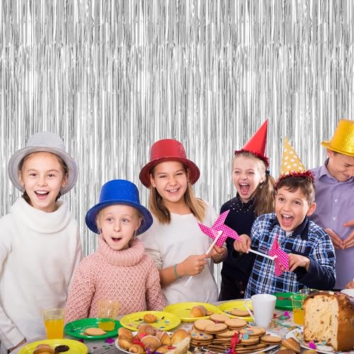 Image of 2 Pack Tinsel Backdrop, 3.28 FT x 7.05 FT Birthday Party Decorations, Silver Party Streamer Fringe Curtains Foil Backdrop, Metallic Silver Photo Props Party Supplies Party Decor