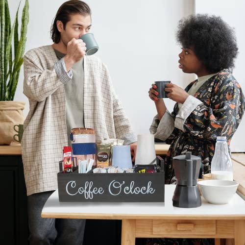 Coffee Station Organizer With Small Removable Dividers, Wooden Coffee Bar Accessories Storage For Countertop, Farmhouse Kcup Coffee Pod Holder Basket With Handle For Coffee Lover (White) (Black) #TOP5
