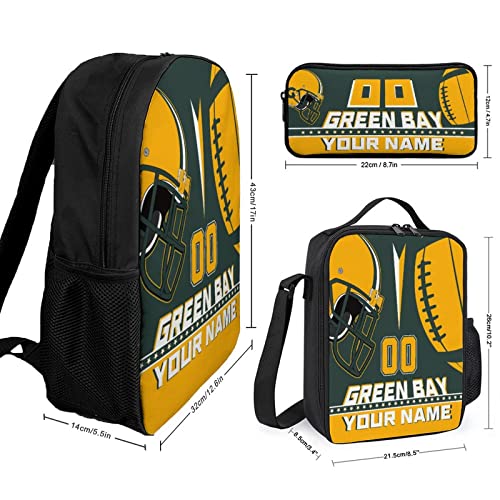 Custom Green Bay Backpack with Lunch Bag Pencil Case Personalized Name Number 3 Piece Set Gifts for Men Women3