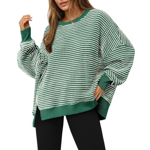 Womens Striped Long Sleeve Shirt Waffle Knit Crewneck Oversized Sweatshirt - image 1