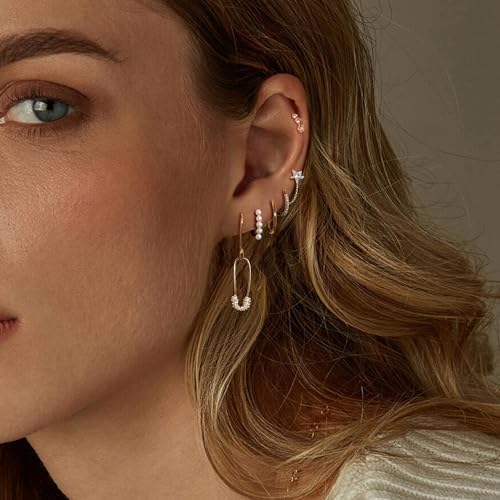 5 Pairs Pearl Earrings for Women Stackable Gold Hoop Earring Set with Multiple Piercing Stack Set Jewelry Gold-Tone Dainty Earring Stacks for Everyday4