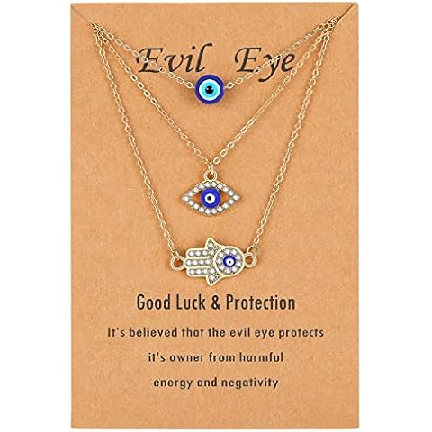 TOLOWOBK Evil Eye Necklace, 3 PCS Hamsa Necklaces Hand Blue Eye Pendant Protection Necklace Sets for Women Men Protection Good Luck Necklace Jewelry Cover