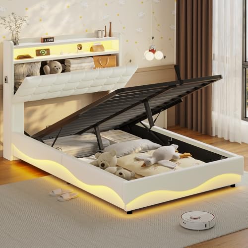 Image of ADORNEVE Lift Up Storage Twin Bed Frame with LED Lights, Hidden Storage Headboard and Charging Station, Upholstered Platform Bed, LED Bed with Hydraulic, No Box Spring Needed, Creamy White