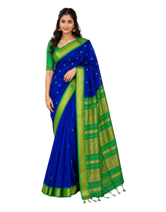 Image of Pure Kalyani Cotton Saree | Zari Border & Blouse Piece - Lata Gadwal Design | Traditional Saree