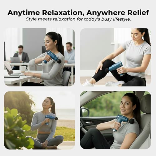 Image of Durafit91 PULSE PRO Handy Deep Tissue Massage Gun for Full-Body Pain Relief, Rechargeable and Cordless with Lithium Battery | 6 Speed Intensities (Low to High) | Includes 4 Interchangeable Massage Heads for Various Muscle Relaxation Needs (Neck, Shoulder, Back, and Foot) for Men and Women | Suitable for Use at Home, the Gym, and During Travel (Purple)