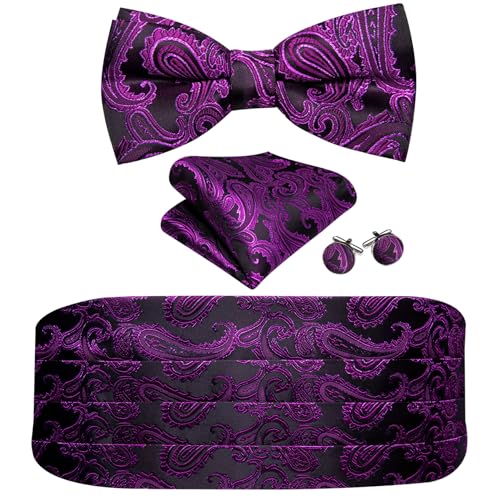 Barry.Wang Cummerbund Bow Tie Set for Men Silk Cummerbund Pretied Bow Tie Pocket Square Cufflinks