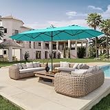 Patio Kingdom 15FT Double Sided Patio Umbrella with Base Included Large Outdoor Market Umbrella with Crank Handle, UV Resistant Canopy, Sturdy Frame for Garden, Poolside, Deck, Aqua Blue