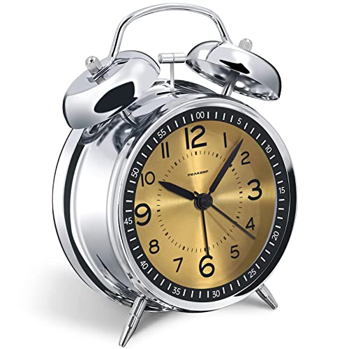 Image of Peakeep Loud Alarm Clock for Heavy Sleepers Adults, Metal 4.5 Inches | Twin Bell Battery Operated Analog Alarm Clocks for Bedrooms Kids' Room Decoration (Golden)