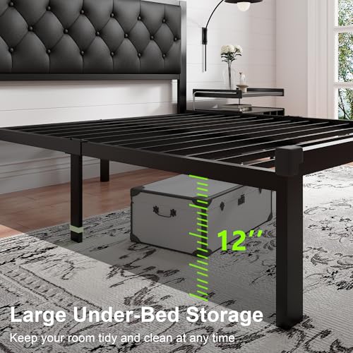 Image of Feonase Queen Size Metal Bed Frame with Faux Leather Button Tufted Headboard, Heavy-Duty Platform Bed Frame with 12 inch Storage, Steel Slats Support, No Box Spring Needed, Noise Free, Matte Black