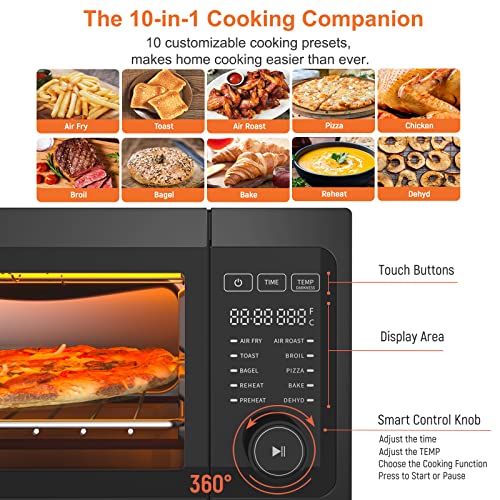 Air Fryer Toaster Oven Combo - Fabuletta 10-in-1 Countertop Convection Oven 1800W, Flip Up & Away Capability for Storage Space, Oil-Less Fit 12" Pizza, 9 Slices Toast, 5 Accessories (Black)