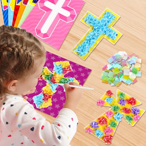Image of Lonfliness 8PCS Poke Craft Kit Religious Cross No-Mess Fabric Sewing Art Puzzle Puncture Painting Christian Sunday School VBS Gift Creative Activity Game Birthday Party Favors
