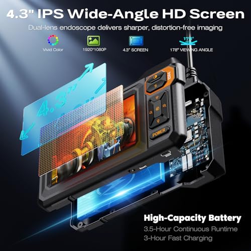 Image of Borescope Dual Lens Endoscope Camera with Light, 4.3 inch IPS 1920P HD Inspection Camera, 7.9mm IP67 Waterproof with 8+1 Adjustable LEDs, 16.5FT Semi-Rigid Snake Cable for Mechanic, Cool Gadgets for Men