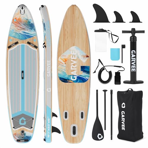 Garvee Planche de Paddle Debout Paddle Gonflable - Style Bois, PVC résistant - Stable et Large - Antidérapante - Accessoires Sup complets - Taille : 323×81×15 cm