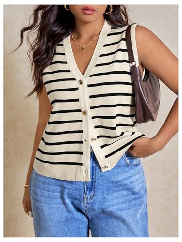 Image of Verdusa Women's Plus Size Old Money Vest Tops 2025 Striped Sleeveless Button Up Sweater Vests