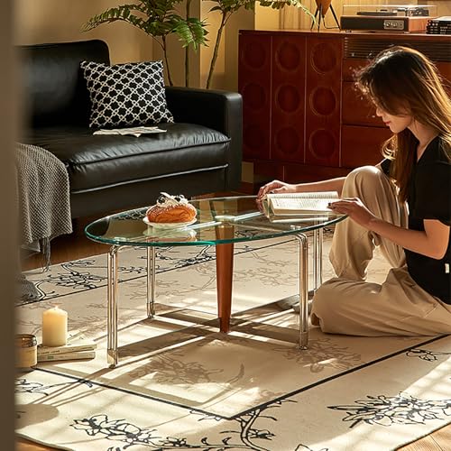 Mesa de centro, moderna mesa decorativa con parte superior de cristal con patas de acero inoxidable y columna central de madera maciza, perfecta para espacios pequeños y salas de estar