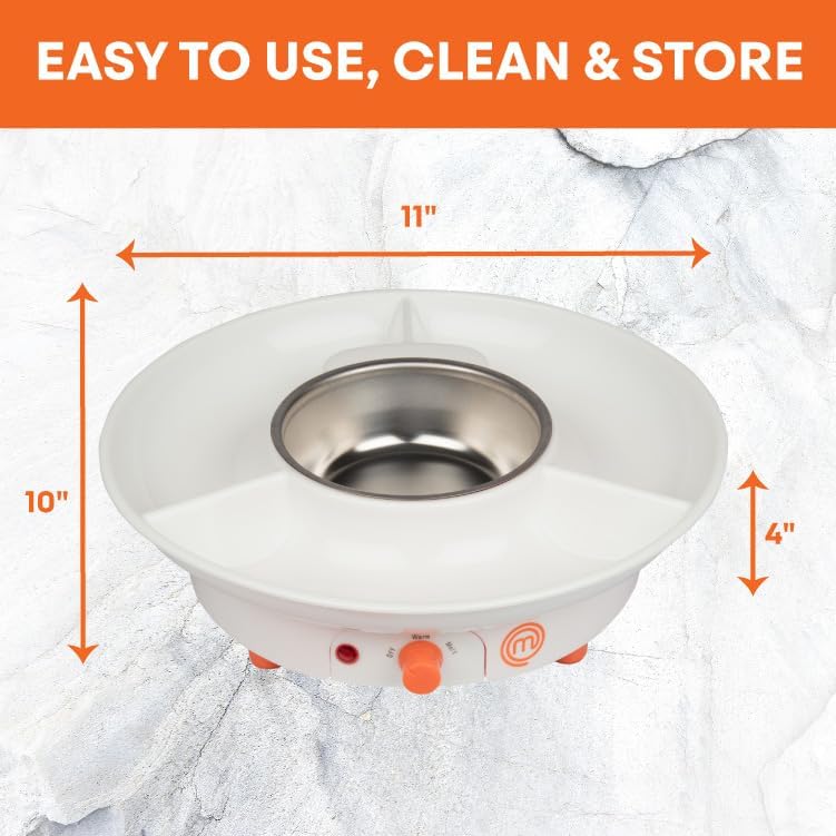 Diagram showing the dimensions of the MasterChef Electric Fondue Maker: 11 inches wide, 10 inches deep, and 4 inches high.