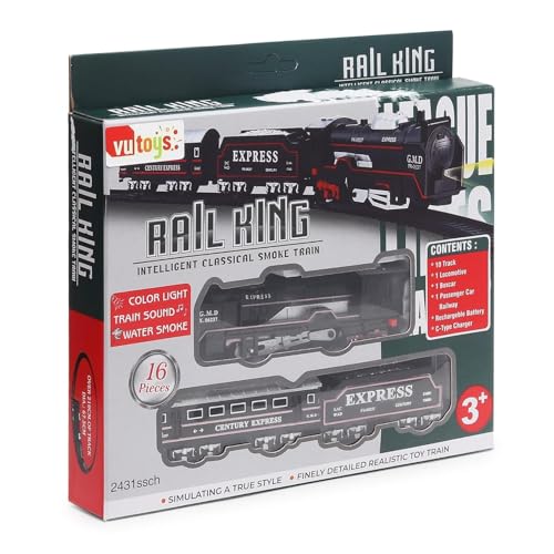Image of Mini Rail King Train Set for Kids 3+ | Rechargeable Steam Engine with Passenger Coach & Coal Wagon | Smoke Effect, Music & LED Lights | Toy Railway Track Set