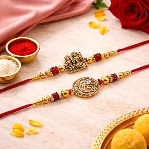 Image of Jaipur Ace Designer Kundan Rakhi with Lumba for Bhaiya Bhabhi | Premium Raksha Bandhan Thread for Brother & Sister-in-Law | Fancy Stone Work Bracelet with Tassel | Traditional Festival Gift (SET OF 3)