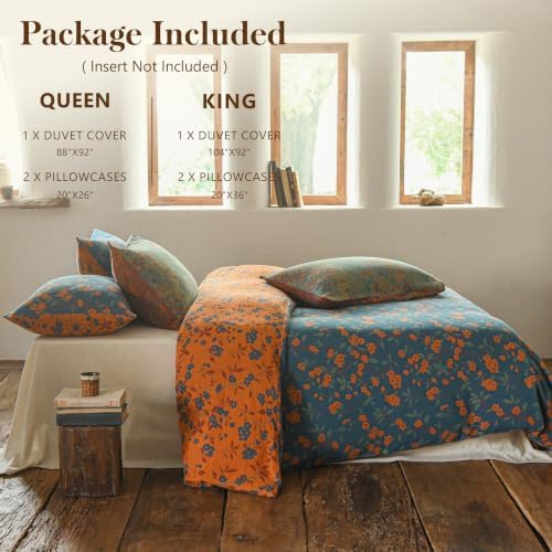 Simple&Opulence Muslin Duvet Cover Set Queen Size, 100% Washed Cotton 3 Pieces Yarn-Dyed Vintage Blue Orange Floral Jacquard Textured Bedding, Soft Breathable Gauze Comforter Cover with Zipper Closure — view 4