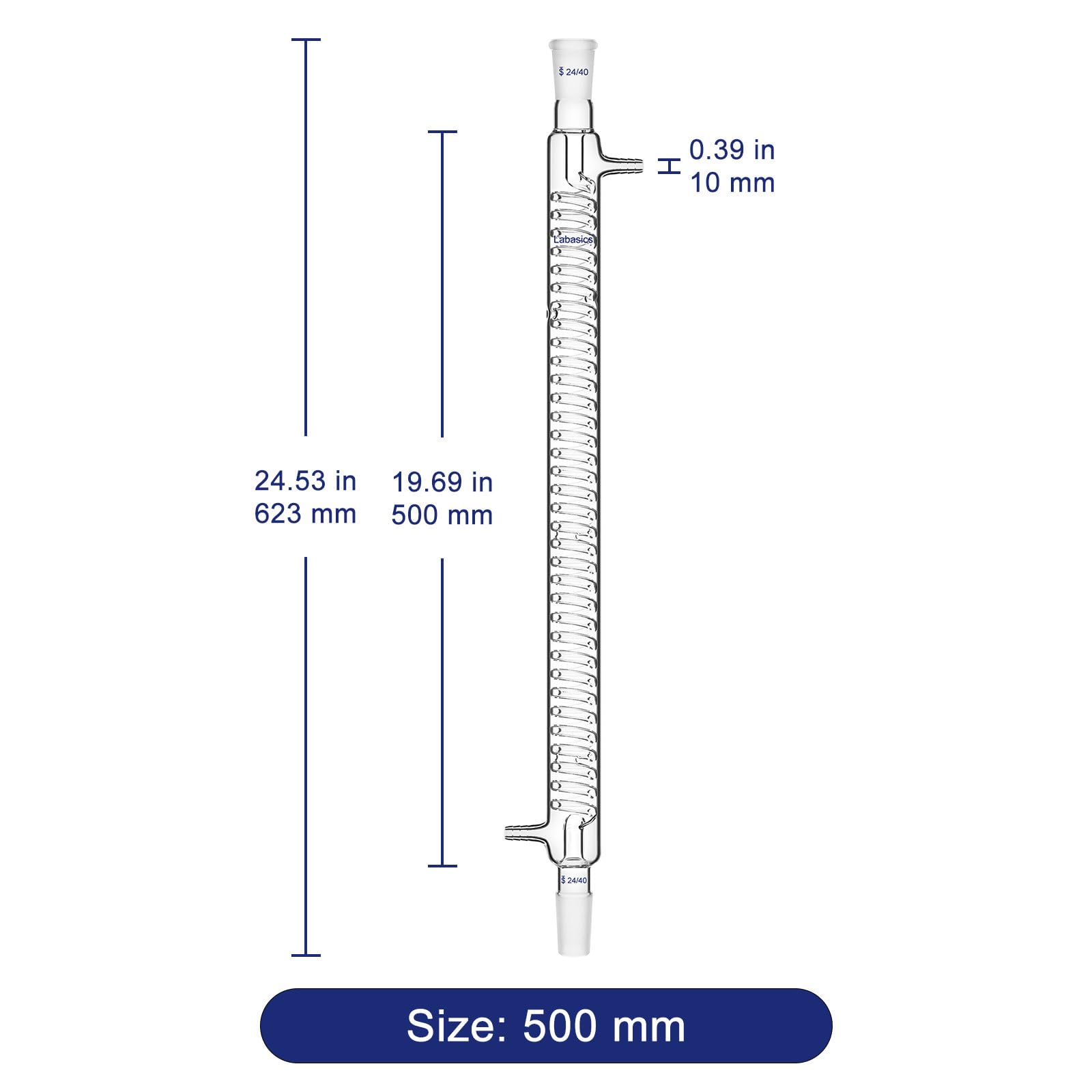 Labasics Condensador Graham de Vidrio Borosilicato, Graham Condenser Condensador de Vidrio de Laboratorio con Junta 24/40 y 500mm de Longitud de la Chaqueta