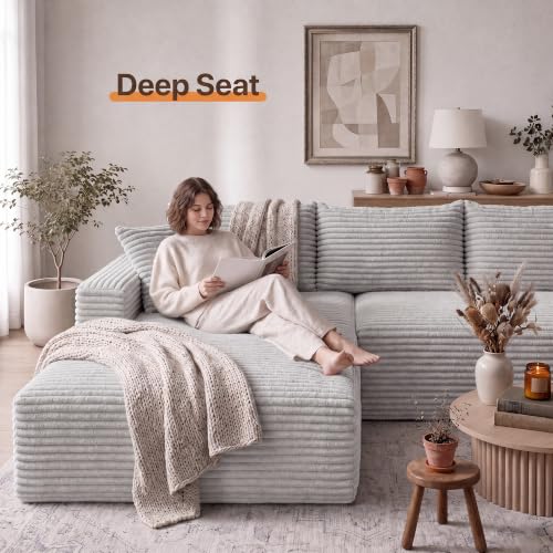 Image of Claiks 94 inch Boneless Couch, L-Shape Corduroy Modular Sectional Sofa Deep Seat,No Assembly Required, Light Grey