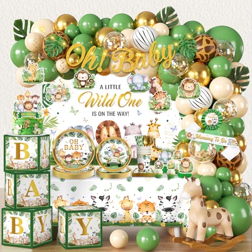 cocomigo 300PCS Safari Baby Shower Decorations, 30 Safari Theme Tableware, All-in-1 Pack Includes Backdrop Tablecloth Balloon Boxes Balloon Kit for Baby Shower Decorations Boy