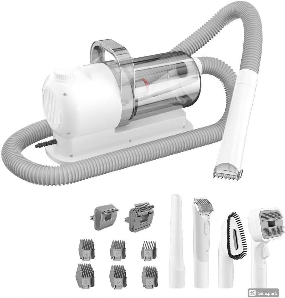 Pet Grooming Vacuum Kit with Clippers, Dog and Cat Hair Vacuum with Multiple Attachments, Low Noise Pet Grooming Tool with Suction, White
