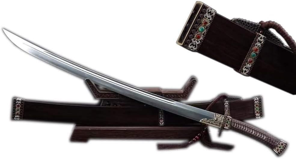 Qing Dao Chinese Broadsword, Handmade Damascus Steel Blade, Full Tang, Ebony Scabbard, Brass Fittings