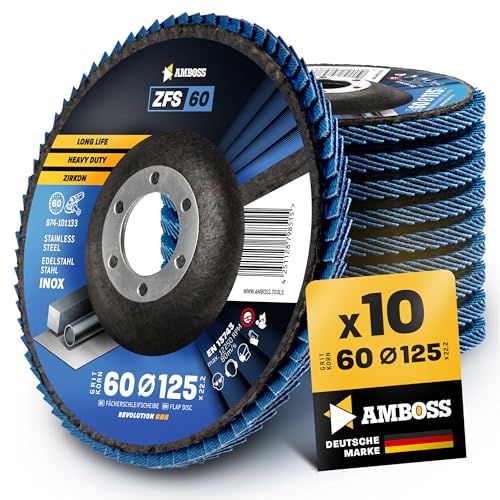 10x Fächerscheibe Ø125mm K60 für Stahl/Edelstahl - Polieren Entroster Kehlnaht schleifen - AMBOSS Werkzeuge ZFS Lamellenschleifscheibe blau Winkelschleifer - Profi Zirkon Schleifmop