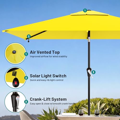 Image of AreShark 6.5' x 10' Rectangular Patio Umbrella with Solar Lights, Solar Powered Lighted Market Umbrella w /Tilt and Crank, Outdoor Table Umbrella for Garden, Deck, Backyard, Pool and Beach, Yellow