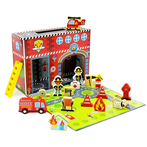 Pidoko Kids Fire Station Playset - 19 Pcs - Magnetic Portable Box - Easy Storage - Perfect Travel Toys Gift Set for Boys and Girls - 3 Year Old and Up - Wooden Accessories