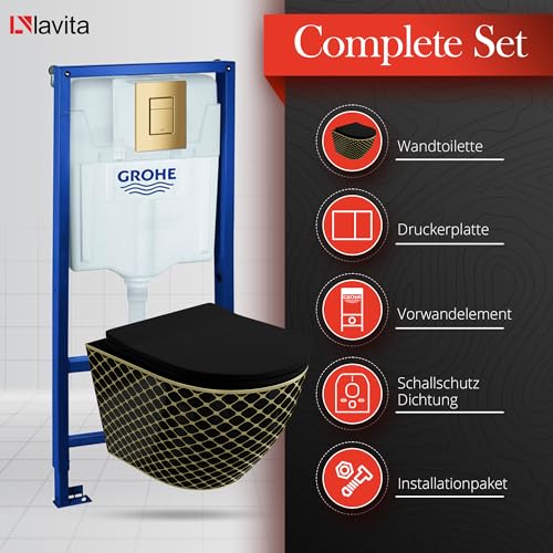 Lavita Vorwandelement Solido + Wand Hänge WC Sofi Slim Black Night Schwarz Spülrandlos + WC Sitz mit Absenkautomatik Goldener Knopf Komplettset Unterputz Spülkasten Toilette Komplett Sett WC – Bild 4