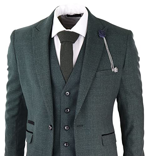 Mens 3 Piece Check Suit Tweed Olive Green Tailored Fit Wedding Peaky Classic2