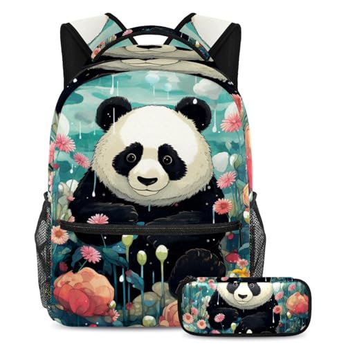 Sac à dos scolaire panda fleur grand sac étudiant fille garçon ado avec trousse