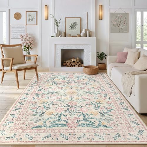 Image of Morebes 6x9 Area Rugs for Living Room Non Slip, Washable Light Pink Rugs for Bedroom Girls Floral Print, Soft Low-Pile Boho Indoor Carpet for Nursery Kids Room Home Decor, Pink/Green