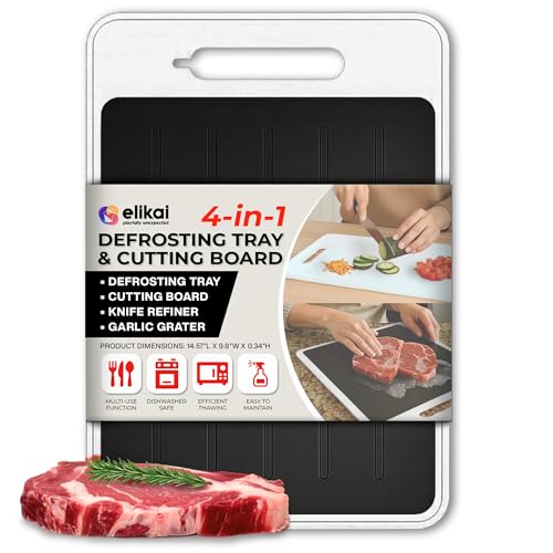 ELIKAI 4-in-1 Defrosting Tray for Frozen Meat - Meat Thawing Tray with Built-In Knife Refiner, Garlic Grater & Cutting Board - Thawing Plate for Frozen Food - Non-Slip, Dishwasher Compatible - White
