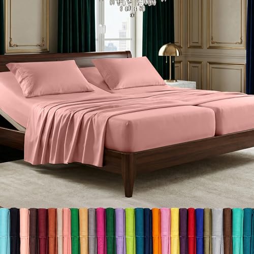 Image of Elegant Comfort Luxurious 1500 Premium Hotel Quality Microfiber Three Line Embroidered Softest 5-Piece Bed Sheet Set, Wrinkle and Fade Resistant, Split King, Dusty Rose